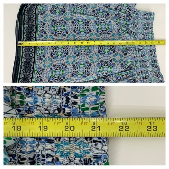 Max Studio Blue Green Geometric Print Slit Side Draped Sleeveless Stretch Blouse - Picture 16 of 16